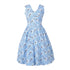V-Neck Stripe Floral Empire Waist Dress #Light Blue